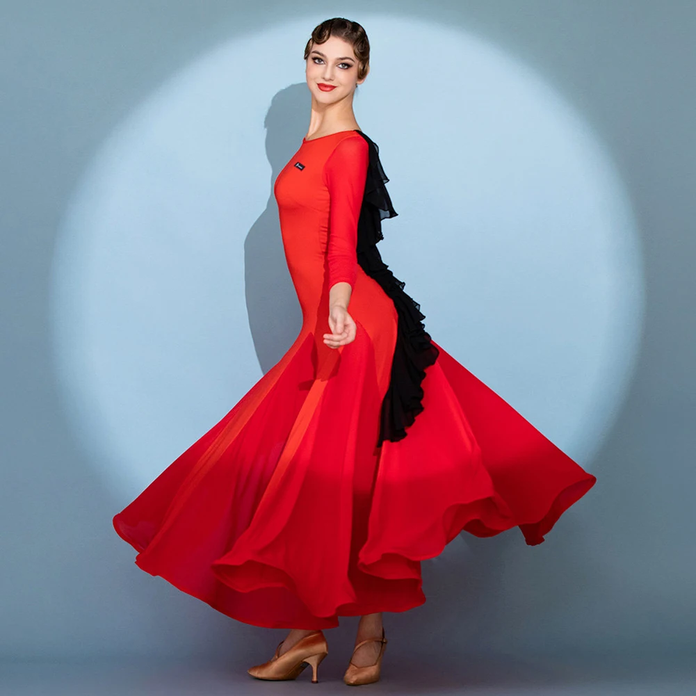 Red Ballroom Dance Practice Clothes Trendy Light Blue Elegant Women's Performance Women's Contrast Color V-Back Costume Show