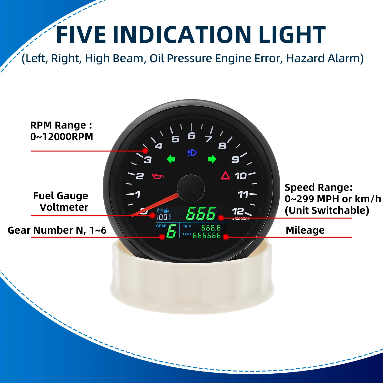  Waterproof 85mm 0-12000RPM Tachometer 6in1 GPS Speedometer 0-299KM/H MPH with Trip Odometer Gear N-6 for Car Motorcycle 9-32V