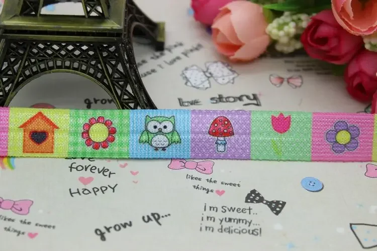 DHK 5/8 inch 5yards Fold Over Elastic FOE flowers owl printed ribbon headband  hair band diy decoration OEM Wholesale C348