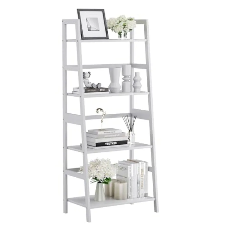 

Ladder Shelf 4 Tier Bookshelf for bathroom and home office bamboo frame white open display storage with floor standing stabilit