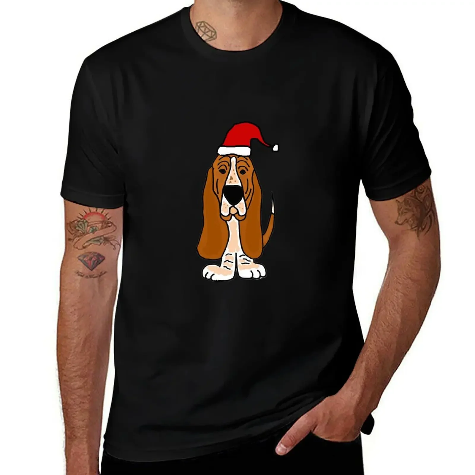 Adorable Basset Hound Dog with Red Santa Hat T-Shirt graphic shirts Short sleeve tee sweat mens clothing