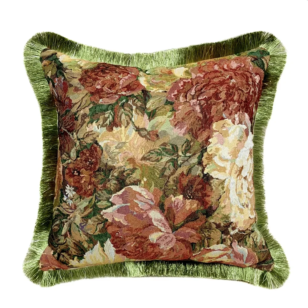 Vintage Woven Painting Florals Sofa Chair Green Fringe Cushion Cover Home Window Interior Decorative Pillow Case 45X45 Cm