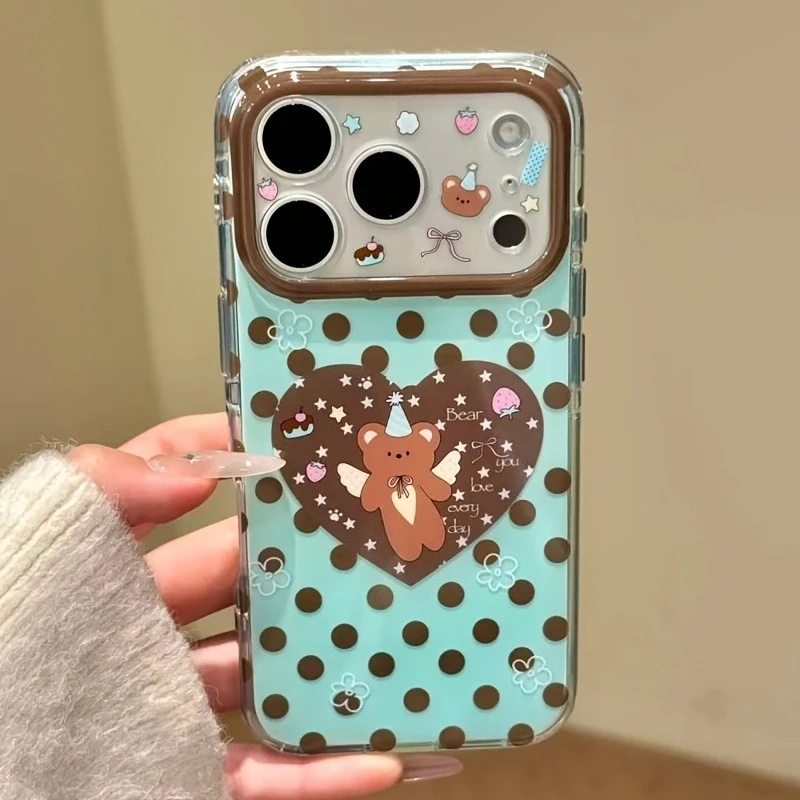 Brown Polka Dot Heart Bear Pattern Protection Phone Case For iPhone 17 Pro Max 17 Pro 16 15 14 13 12 11 Pro Max Shockproof Cover