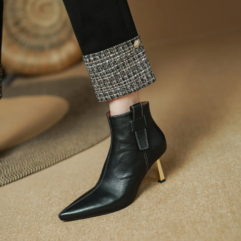 2024 Ankle Boots High Heels Women Boots Thin Heel Short Boots Genuine Leather Winter Modern Leather Shoes Ladies Ankle Boots