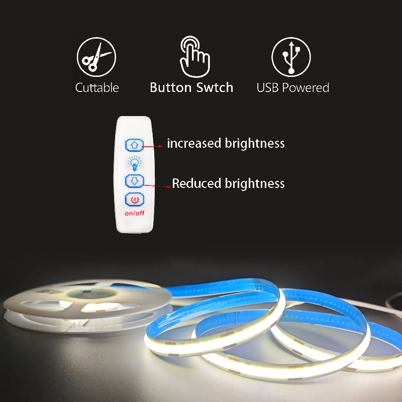 1 Rolle LED-Lichtstreifen mit Dreifach-Dimmer, Niederspannung 5V, keine Lichtpunkte, flexibler COB-LED-Streifen, USB-betrieben, einfacher Dreifach-Schalter, einstellbare Lichtstärke, geeignet für Raumbeleuchtung, Schränke, Küche und Badezimmer, Spiegel, TV, Computer-Hintergrundbeleuchtung, Live-Streaming-Make-up-Beleuchtung, Haus, Schlafzimmer, Treppen usw. – Detail 2
