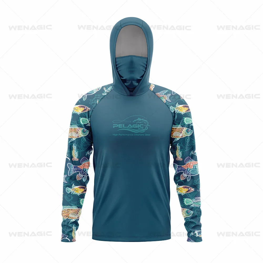 Pelagic Gear Camicie da pesca Upf 50 Manica lunga con cappuccio Copertura per il viso Camisa Pesca Protezione UV ad asciugatura rapida Maschera da pesca Abbigliamento