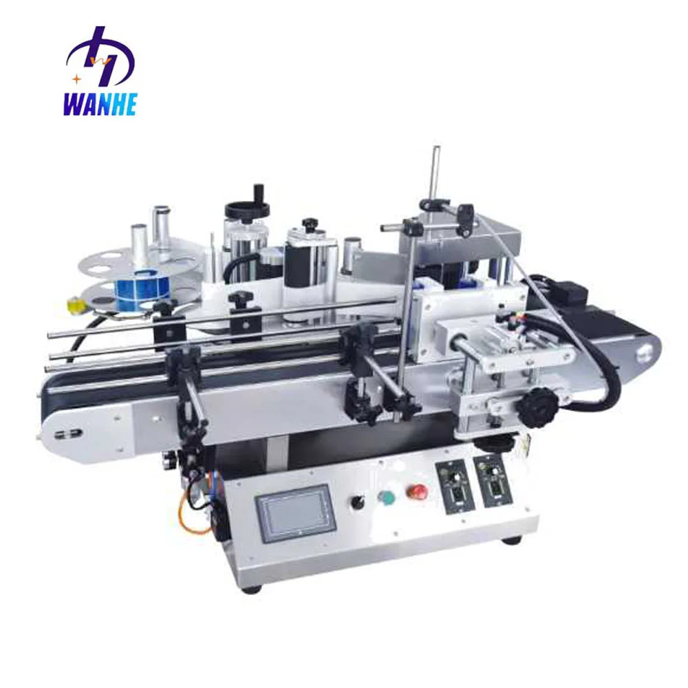 WANHE Electric Automatic Round Bottle Labeling Machine Case Wood Conveyor For Adhesive Sticker Table Top Packaging