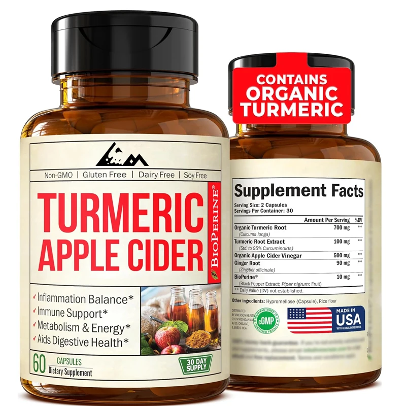 Organic apple cider vinegar capsules containing turmeric and ginger, used for joint health, metabolism, and digestive support