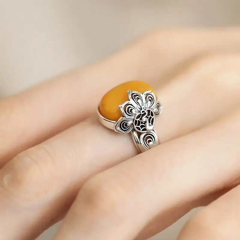 Silver retro new Chinese peacock open screen egg face zircon ring, niche fashion, adjustable women's high-end jewelry