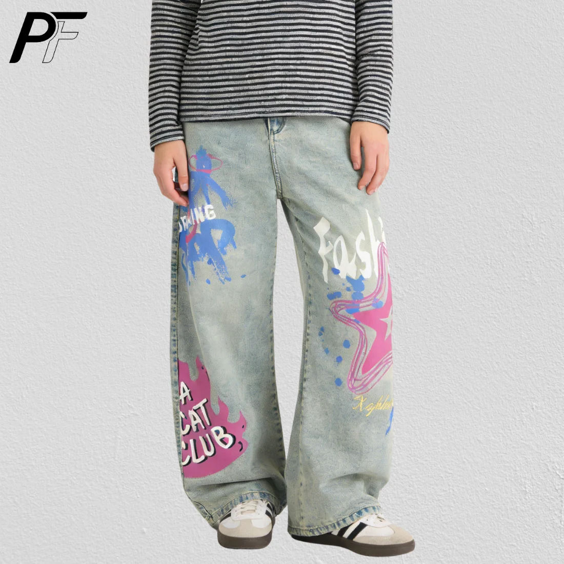 

Harajuku Y2K Wide Leg Denim Pants Graffiti Star Flame Print Hip Hop Distressed Baggy Trendy Casual Streetwear Bottoms Unisex