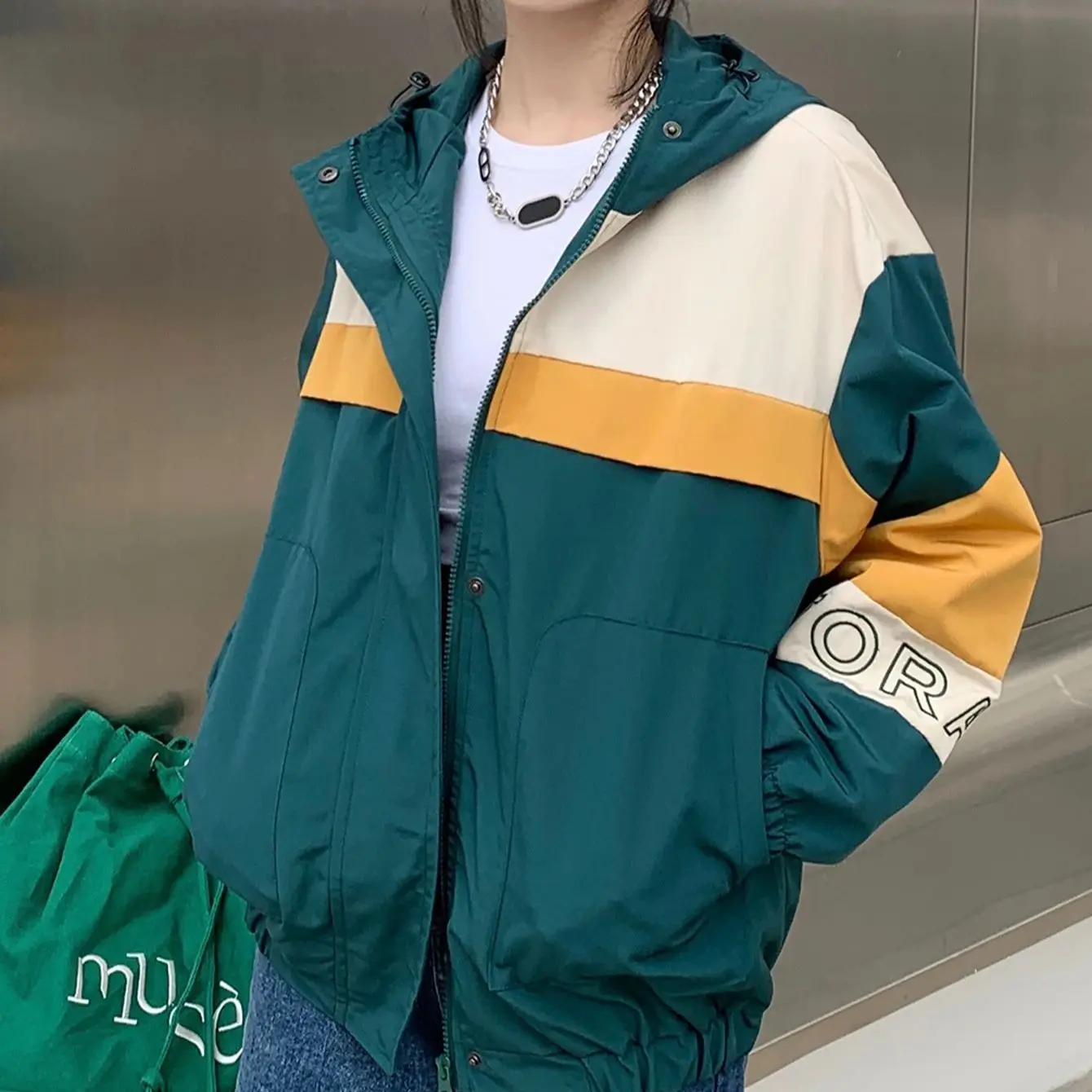 

Women's Windbreaker Jackets Lightweight Y2K Color Block Outwear Coat Female Casual Hood Bomber Jacket For Fall&winter