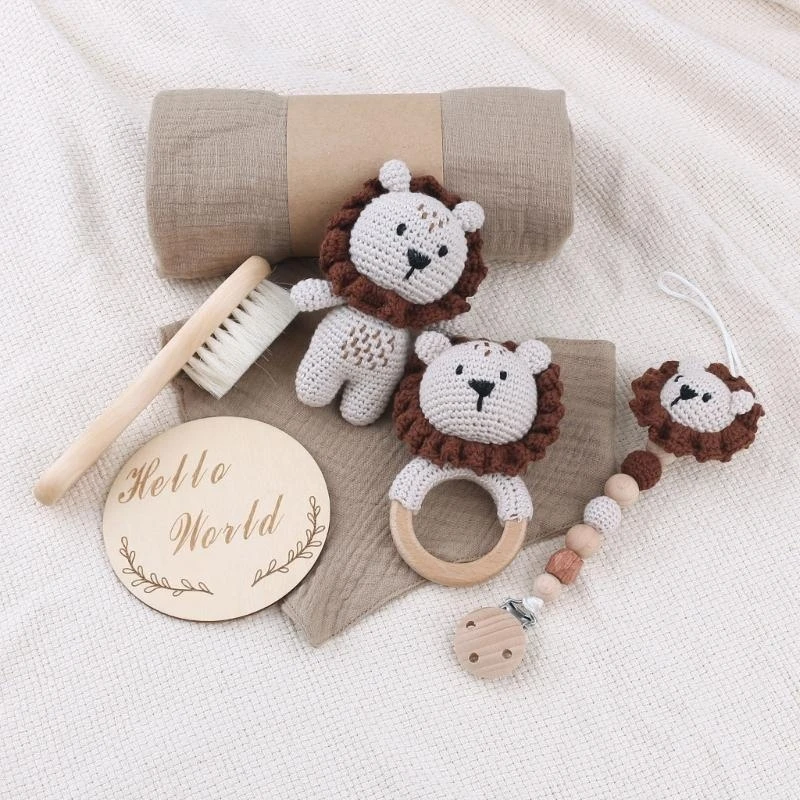 

J15U вязаный крючком зажим для соски-лева, детская погремушка-прорезыватель, колокольчик, набор игрушек для ванной для