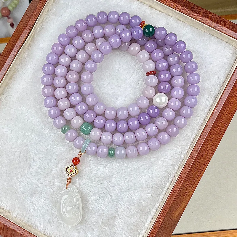 Chinese Style Lucky 108 Pcs 10mm Icy Purple White Bodhi Root Beaded Bracelet Necklace For Women Blessing Good Fortune Auspicious