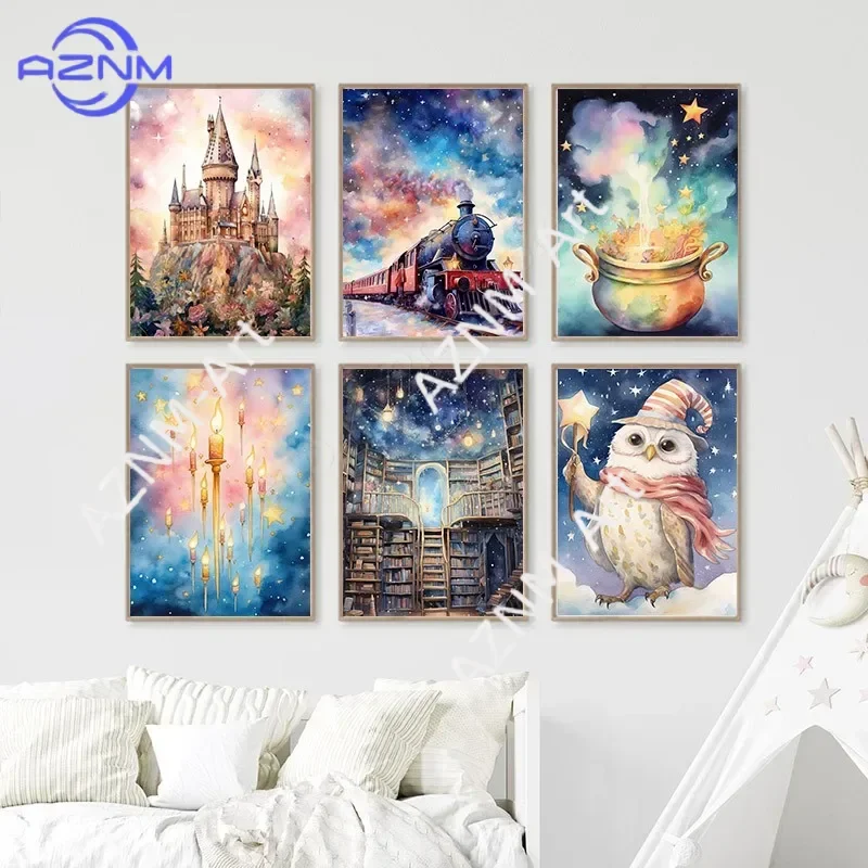 Cartoon-Poster Zauberer Zauberformel Eule Magisches Schloss Zug Wandkunst Leinwandgemälde Potter Kinderzimmer Drucke Bilder für Kinderzimmerdekoration