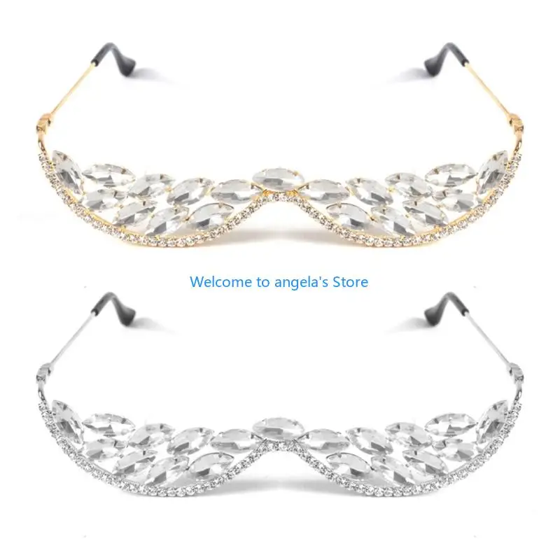 

X4YC No Lens Diamonded Decor Half Glasses Frame Crystal V Frame Eyeglasses Without Lens