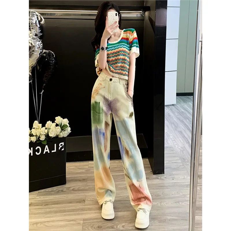 

Casual Sportswear Set Women Summer Street Style Anti-Aging Fashion Short Sleeve Graffiti Denim Wide Leg Pants Two-Piece