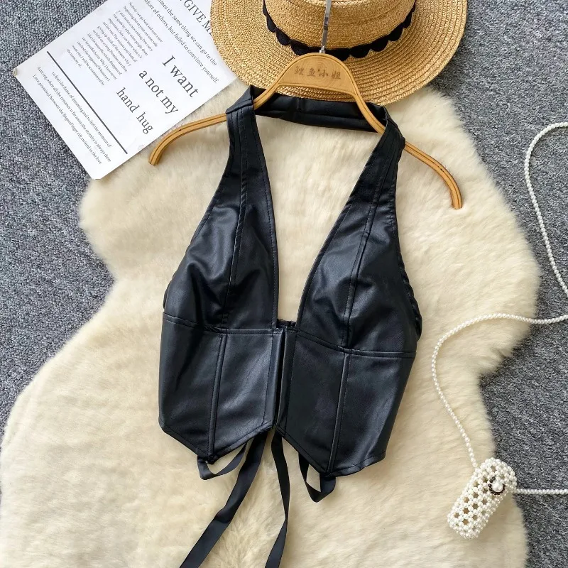

Sexy Halter PU Sleeveless Slim Tanks Top Vintage Corset Bustier Korean Summer Women Party Sling Top Y2k