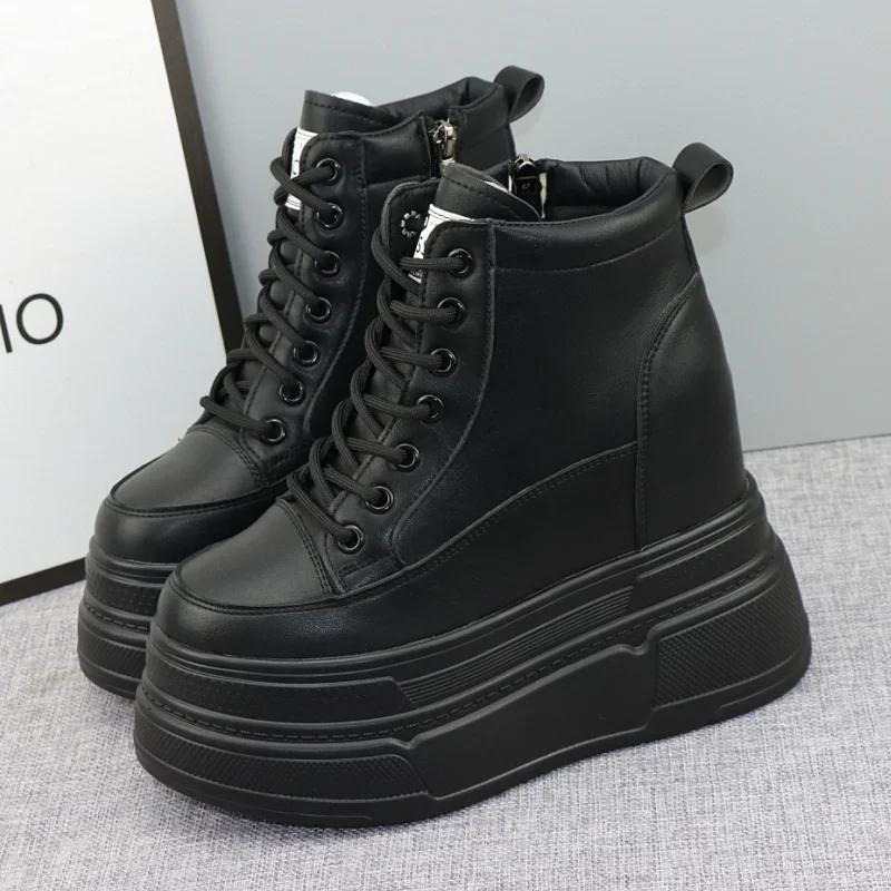 14cm New Genuine Leather Platform Heel Wedge Shoes Sneakers Ankle Mid Calf Boots Platform Boots Women Well-fitting Shoes