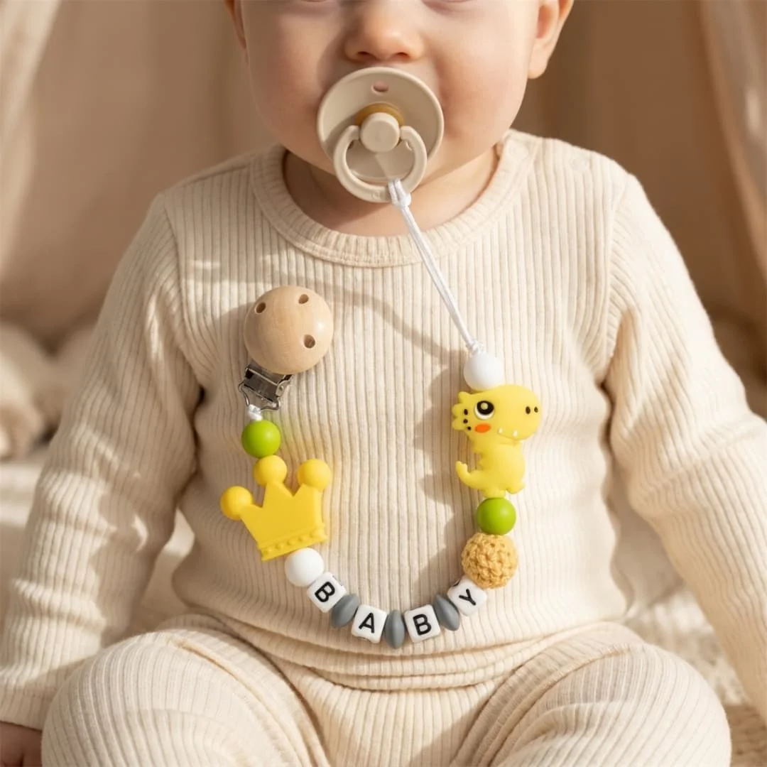 2026 Personalized Baby Pacifier Clip Custom Name Silicone Dinosaur Teether BPA Free Dummy Chain Baby Shower Gift