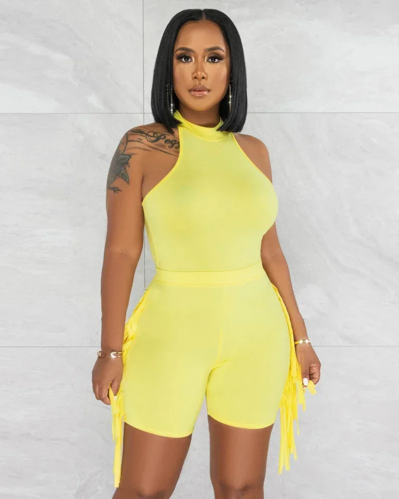 

KEXU Casual Streetwear Women's Set Sleeveless Tank Top and Tassel Side Shorts Suit Sweatsuit Two 2 Piece Set Tracksuit