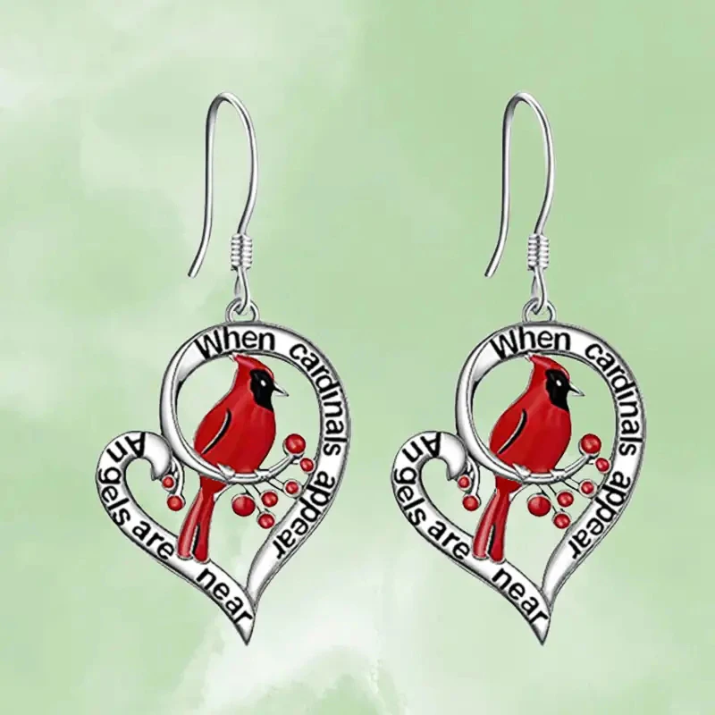 Huitan Red Bird Heart Pendant Earrings for Women Chic Animal Cardinal Accessories for Party Fashion Silver Color Jewelry Gift