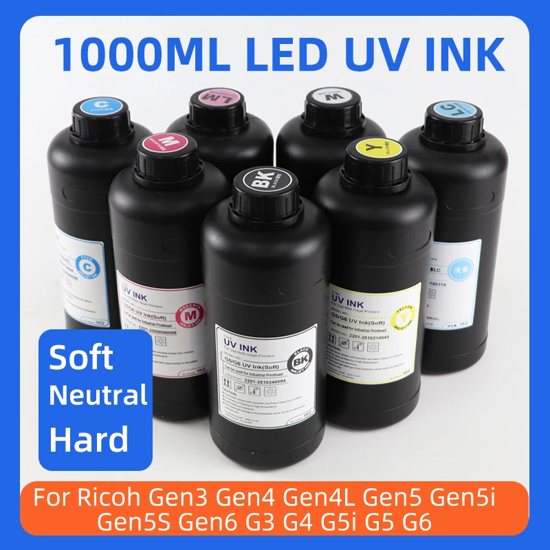 

1000 мл светодиодные отверждаемые УФ-чернила для Ricoh Gen3 Gen4 Gen4L Gen5 Gen5i Gen5S Gen6 G3 G4 G5i G5 G6, жесткие и гибкие УФ-чернила печатающей головки