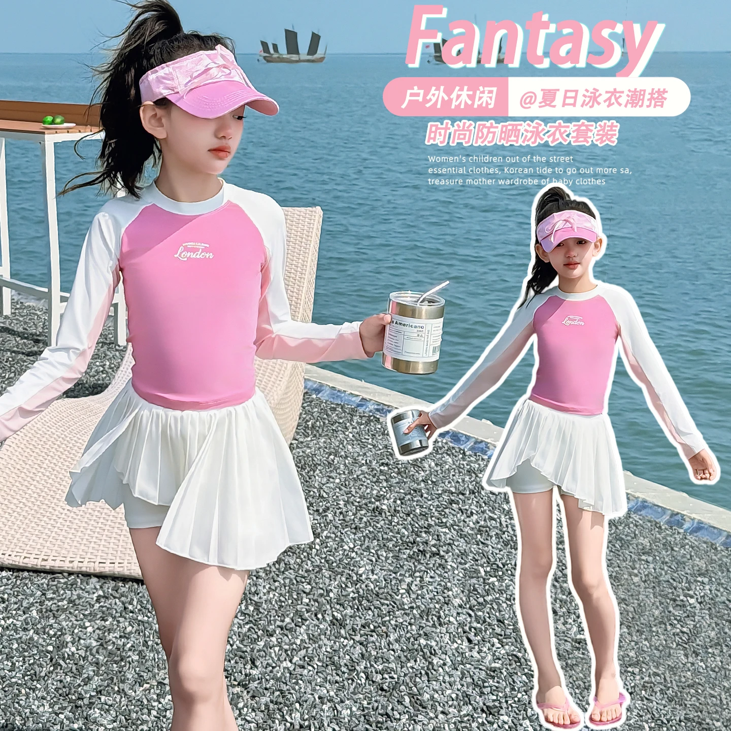 Girls UV Protective Swimsuit Set Long Sleeve Rash Guard Top + Swim Trunks Patchwork Bathing Suit for Toddlers Aged 4-14 Years