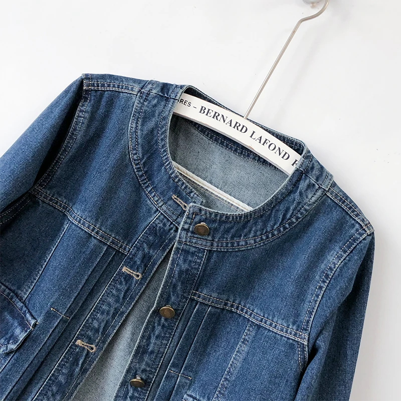 Niebieska kurtka dżinsowa z dekoltem w kształcie litery O, damska, wiosenna, jesienna, z długim rękawem, dopasowana, na co dzień, krótki płaszcz, modny, jednorzędowy, koreański top