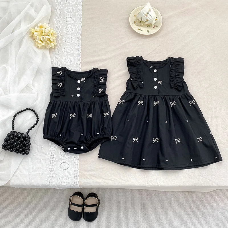 

2025 New Baby Girl Summer Dress Embroidered Bow Matching Outfit for Sisters Floral Princess Party Infant Romper Age 0-24 Months