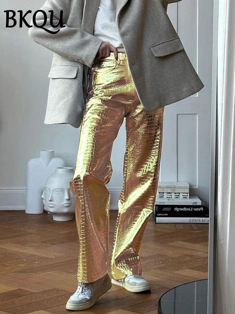 BKQU 2024 Leather Straight Long Baggy Pants Women Gold Sliver Shinny Streetwear Party Nightclub High Waist Scale Wide Leg Pants