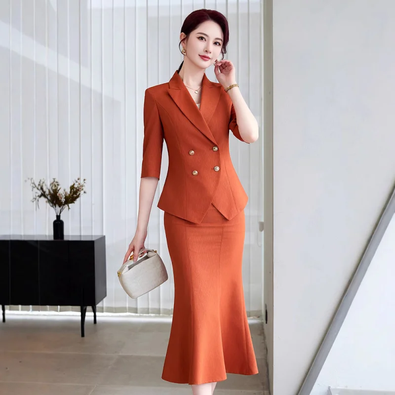

Brick Red Jacket Suit Dress Women Spring Summer High-end Professional Wear Elegant Slim Fit Reception Workwear Uniform