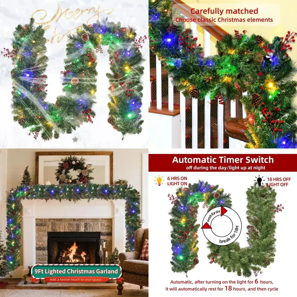 

Battery-Powered 9-Foot LED Christmas Garlands with 50 Lights and Red Berries, 8 Modes, Ideal for Stairs, Fireplace, Doorways