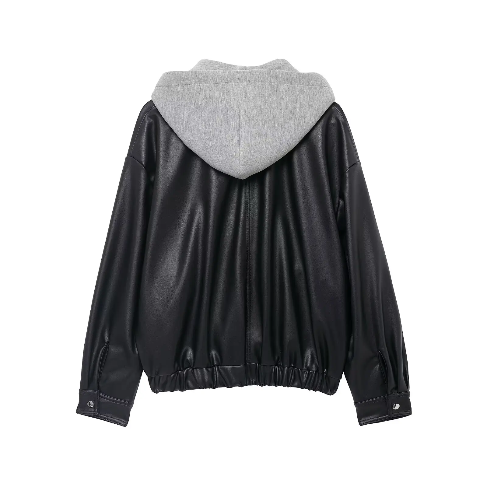 New autumn and winter patchwork leather effect jacket popular European street style women's solid color zipper long sleeved jack