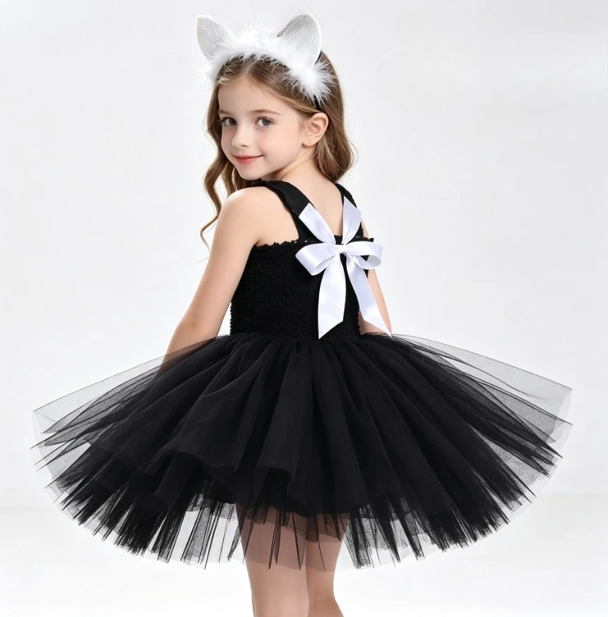 Girls Black Cute Cat Sleeveless Tulle Tutu Dress With Headband New Fashionable Halloween Party Stage Performance Princess Outfit
