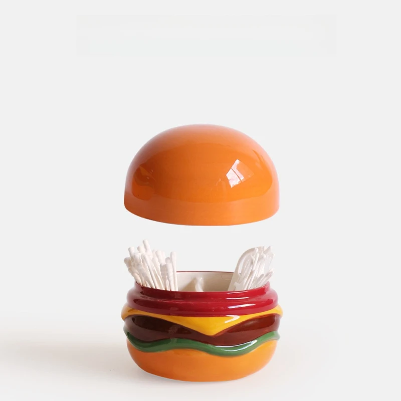 Hamburger Toothpick Holder Cotton Swab Jar Ceramic Toothpick Can Storage Decoration Ornament Gifts Cute Home Desktop Organizer