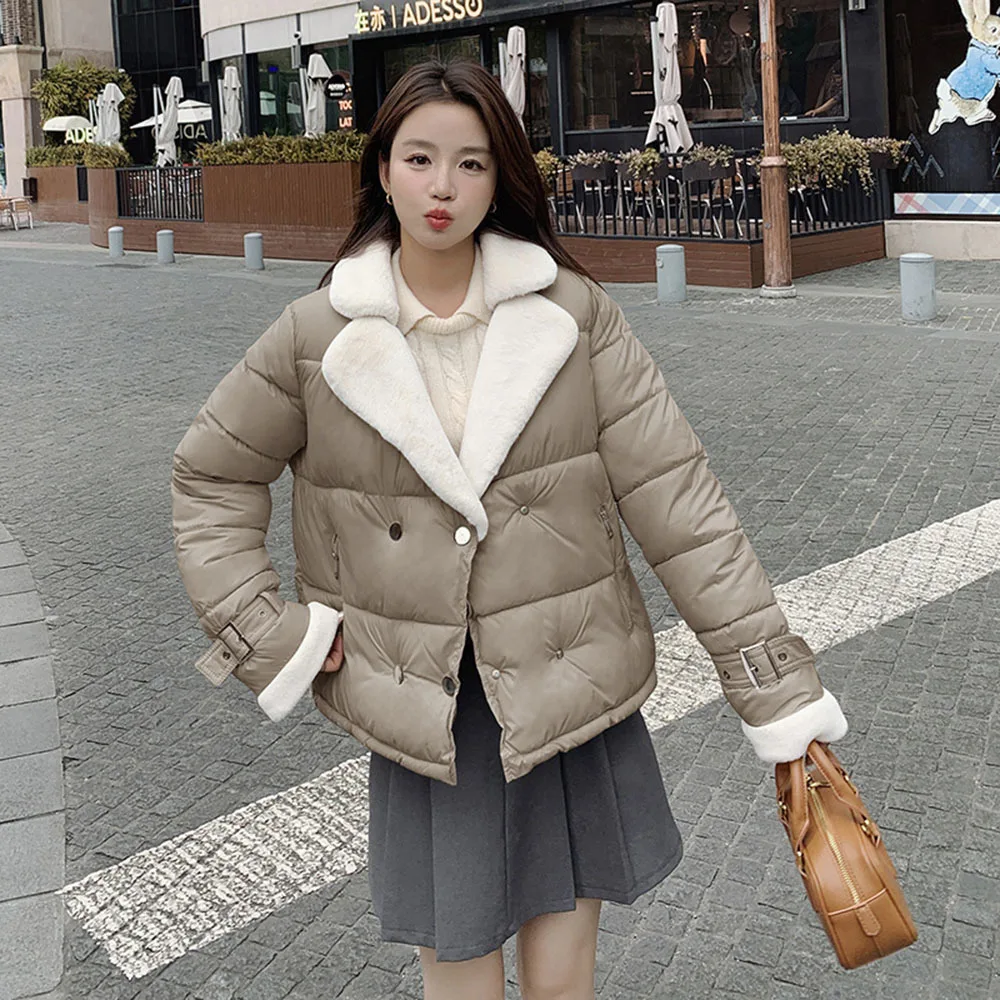 2024 Winter Lamb Wool Collar Parkas Women Thicken Cotton Jackets New Korean Short Bread Clothing Female Student Cotton Outerwear