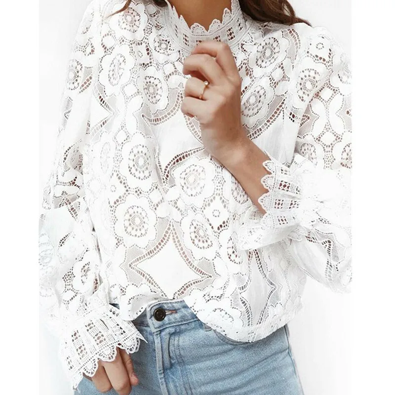 Women\'s Elegant Shirts New Cut Out Translucent Horn Long Sleeve Slim  Sexy Summer White Lace Shirt Women Blouses And Tops