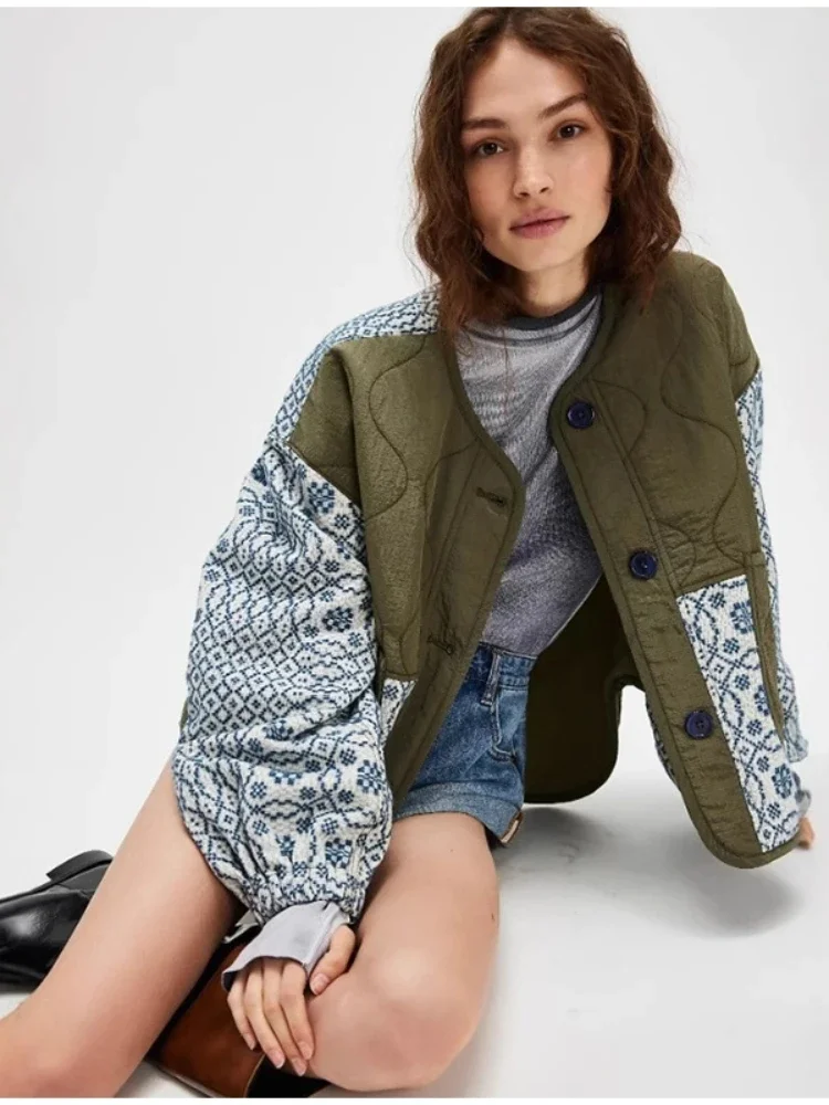 أزياء المرأة س الرقبة المرقعة القطن معاطف أنيقة مطبوعة واحدة الصدر جيب معطف فضفاض سيدة الخريف الشتاء معطف غير رسمي #3