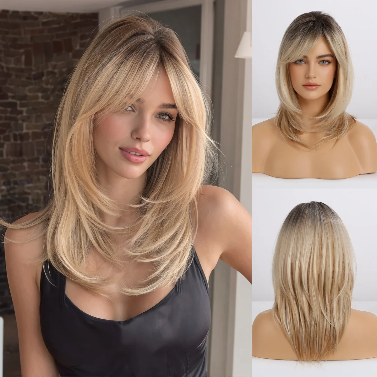 Brown to Blonde Ombre High-Layered Long Straight Synthetic Wig with Bangs for Women Heat Resistant Hair for Daily Party Cosplay