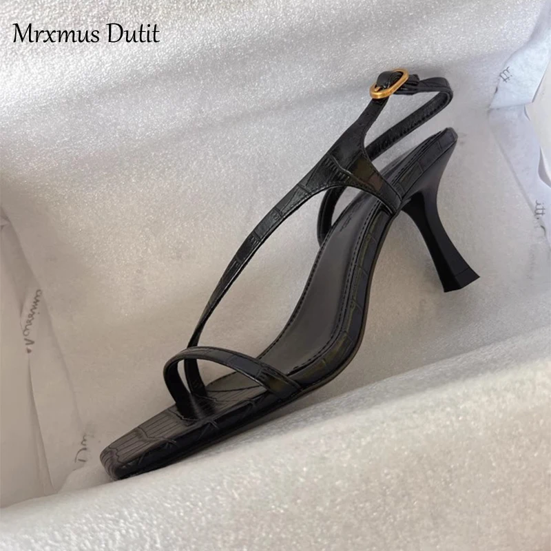 Mrxmus Dutit 2023 New Summer Fashion Genuine Leather One Word Belt Stiletto High Heel Shoes Women Solid Simple Casual Sandal