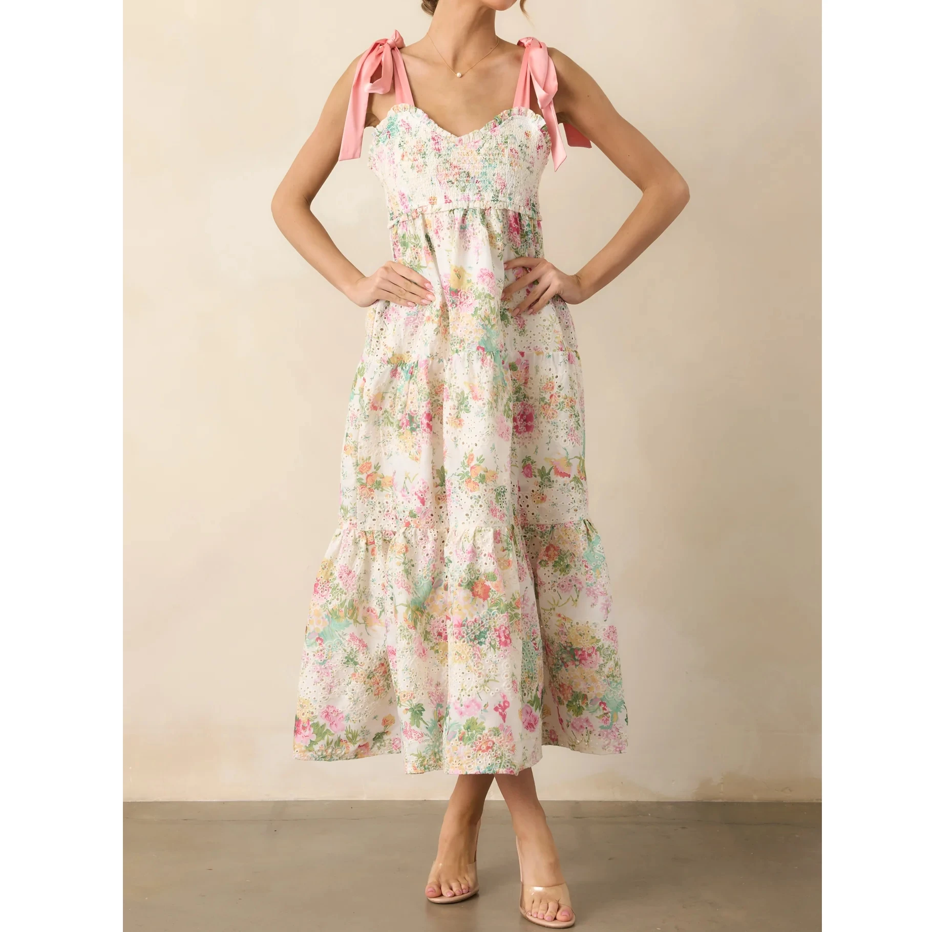 Luxuriöses Sommer-Trägerkleid für Damen, ärmellos, Vintage-Stil, quadratischer Ausschnitt, Schnürbesatz, Druckfarbe, A-Linien-Kleid, kurzes langes Kleid