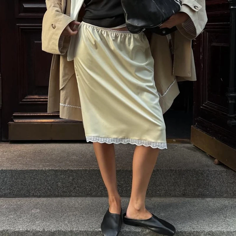 

Chic Women Satin Silk Midi Skirt Elegant Fashion Lady Low Rise Straight Skirt Vintage Lace Trim Half Slip Underskirts Streetwear