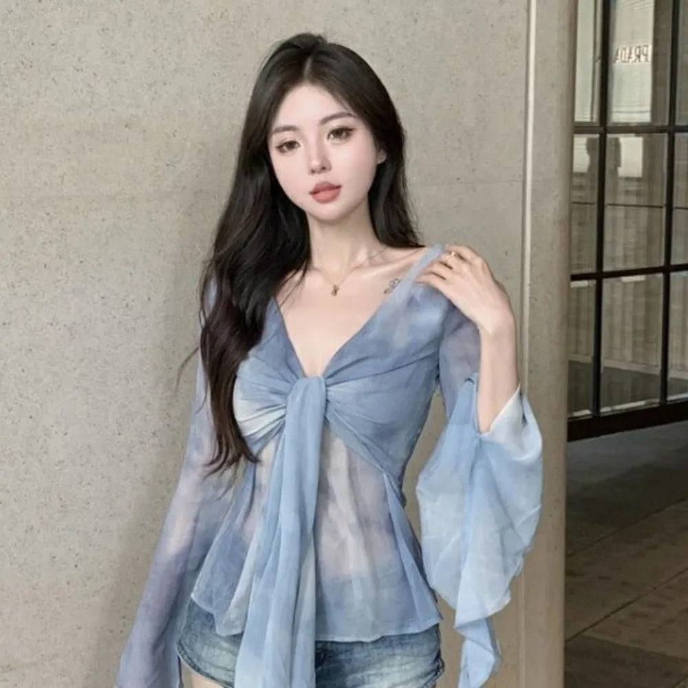 스트리트웨어 해파리 메쉬 벨트 티셔츠 엘프 긴팔 한국 Y2K 슬림핏 크롭탑 플리츠 칼라 투명