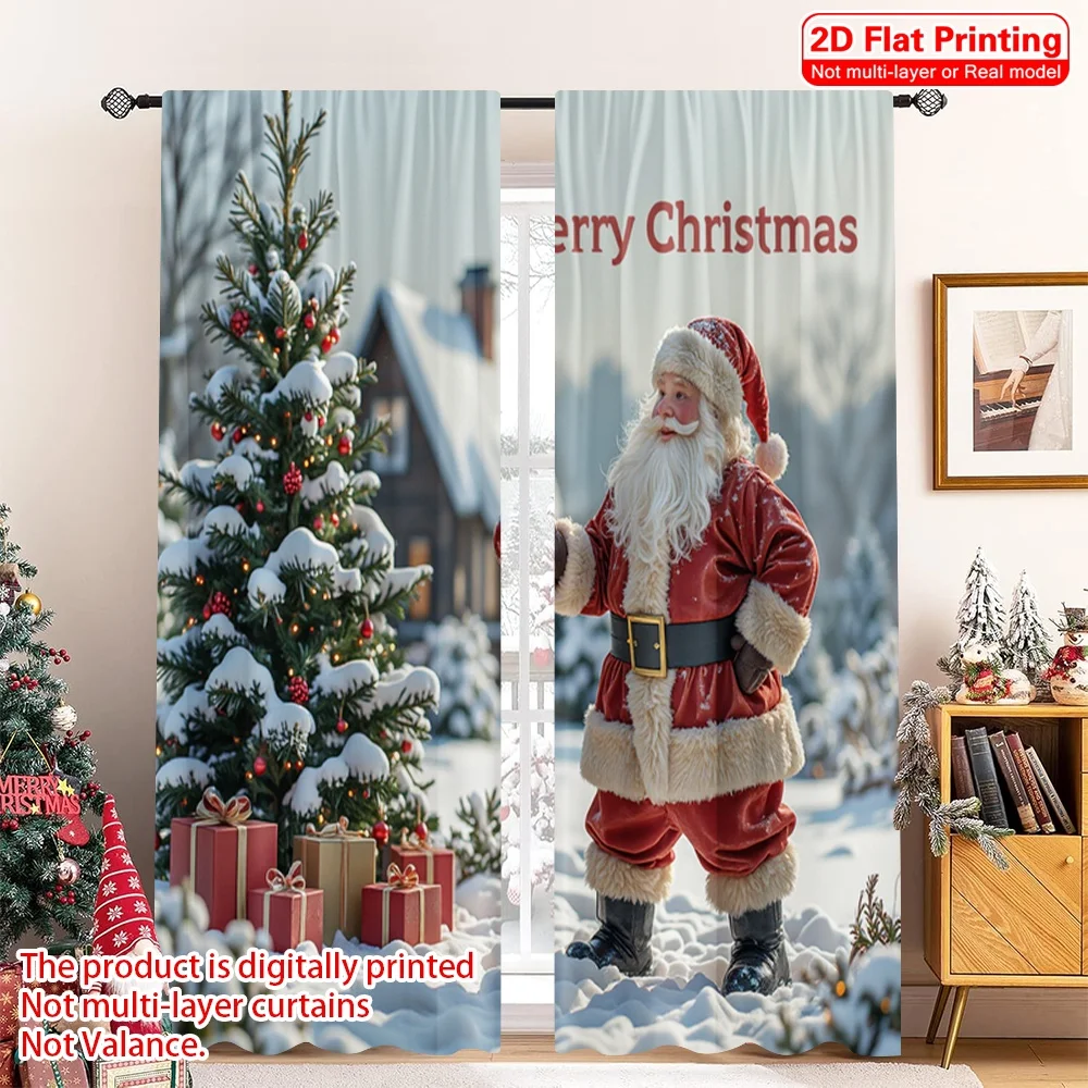 

2pcs 2D flat printing Merry Christmas Popular Party Window Curtains Merry Christmas Snowing Santa House Fabric Without