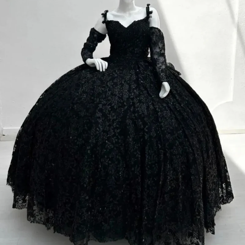 Customized Gothic Black Real Women Prom Dance Occasion Wear Lace Up Ruffle Skirt Birthday Party Dress Vestido De xv Quinceanera
