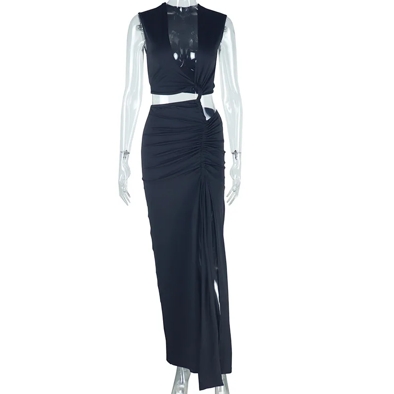 Vestidos de moda para mulheres sexy profundo decote em v sem mangas assimétrico fenda midi saia feminina cintura recorte elegante vestido ruched 2025