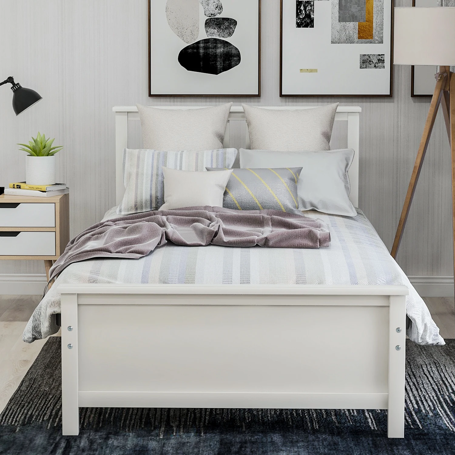 

Twin Wood Platform Bed w/ Headboard, Footboard, Slat Support - White