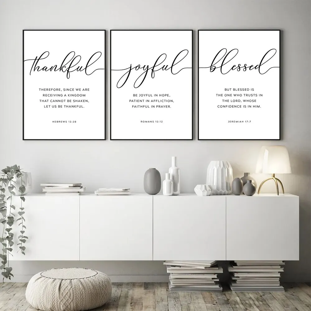 3pcs/Set Hebrews 12:28 Thankful Joyful Blessed Bible Verse Scripture Wall Art Canvas Painting Posters For Living Room Home Decor