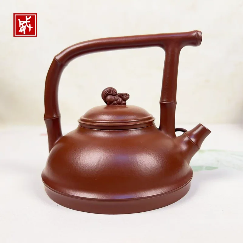 Authentic Yixing Zisha Teapot, Huanglongshan Raw Ore Red Clay Full Handmade 280ml Bamboo Lifting Handle Squirrel Knob Kung Fu Te