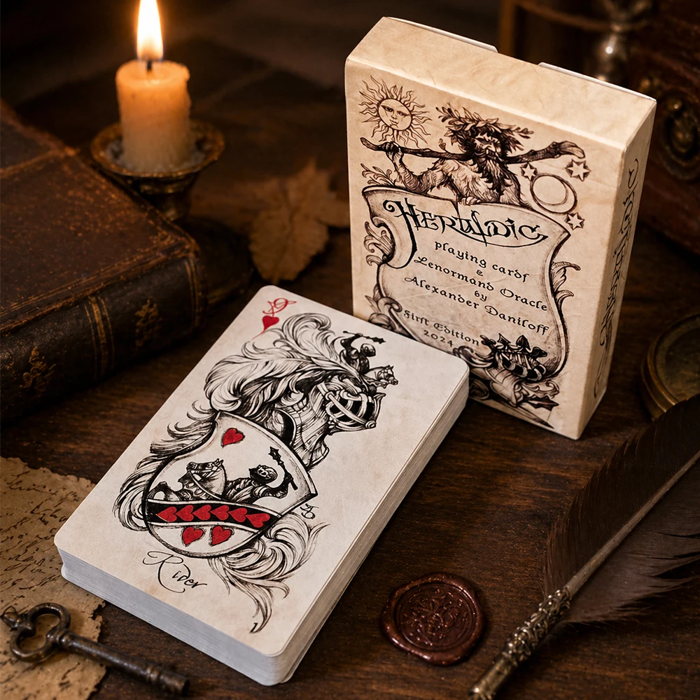 Heraldische Spielkarten – 38 handgezeichnete Lenormand-Orakelkarten für Wahrsagerei und Sammler – doppelt geprägter Karton, 9 x 6 cm